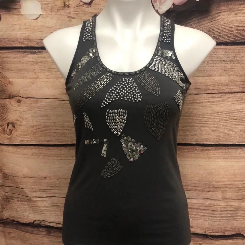 Romeo & Juliet Couture gray beaded racerback tank